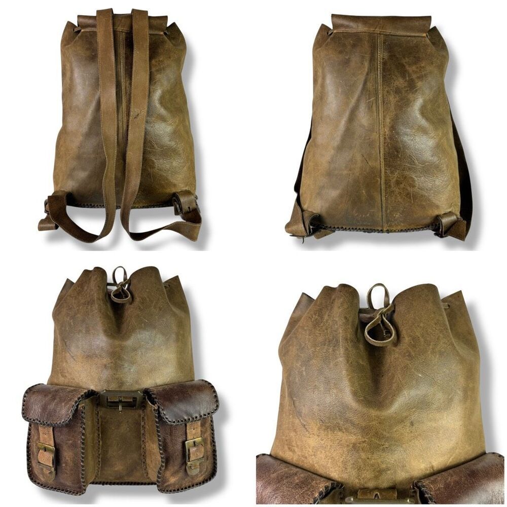Vintage Distressed Handmade Rugged Rustic Soft Brown Tan Leather Backpack Bag - Picture 5 of 12